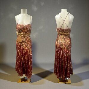 May Queen,Cocktail Dress Formal,Golden Red,Sz 8,Long,Sleeveless,Embroidery,Zip.!